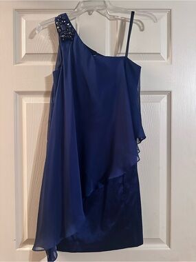Xscape One-Shoulder Navy Blue Asymmetric Cocktail Dress with Beaded Accent